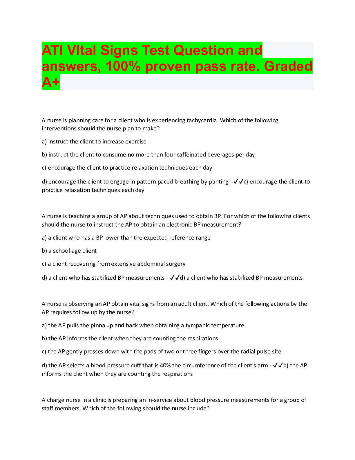 Preview of ATI VItal Signs Test Question and answers, 100% proven pass rate. Graded A+